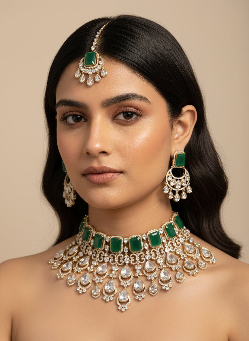 Moissanite Emerald Choker Necklace Set
